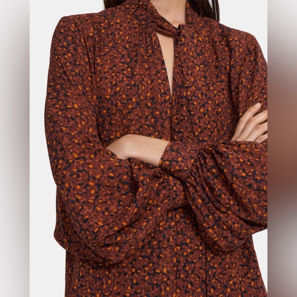 Theory Blouson Sleeve Scarf Neck Silk Blouse in Rust Multi Color | S - Picture 3 of 10